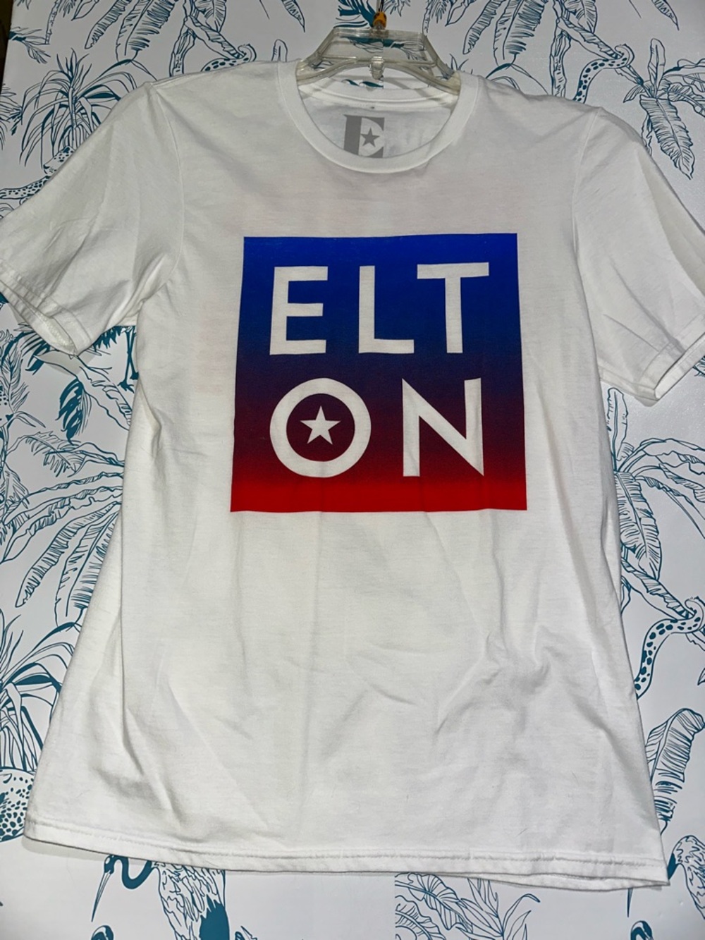 White Graphic ELTON Tee with Blue-to-Red Gradient Square